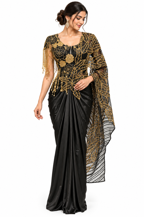 Black Corset Drape Saree with Gold Handwork Pallu - DSK Cauter designer wear, image 1