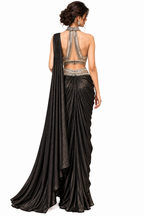 Black Leather Co-Ord Saree Set with Silver Handwork Blouse - DSK Cauter designer wear, image 2