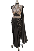 Black Leather Co-Ord Saree Set with Silver Handwork Blouse - DSK Cauter designer wear, image 3