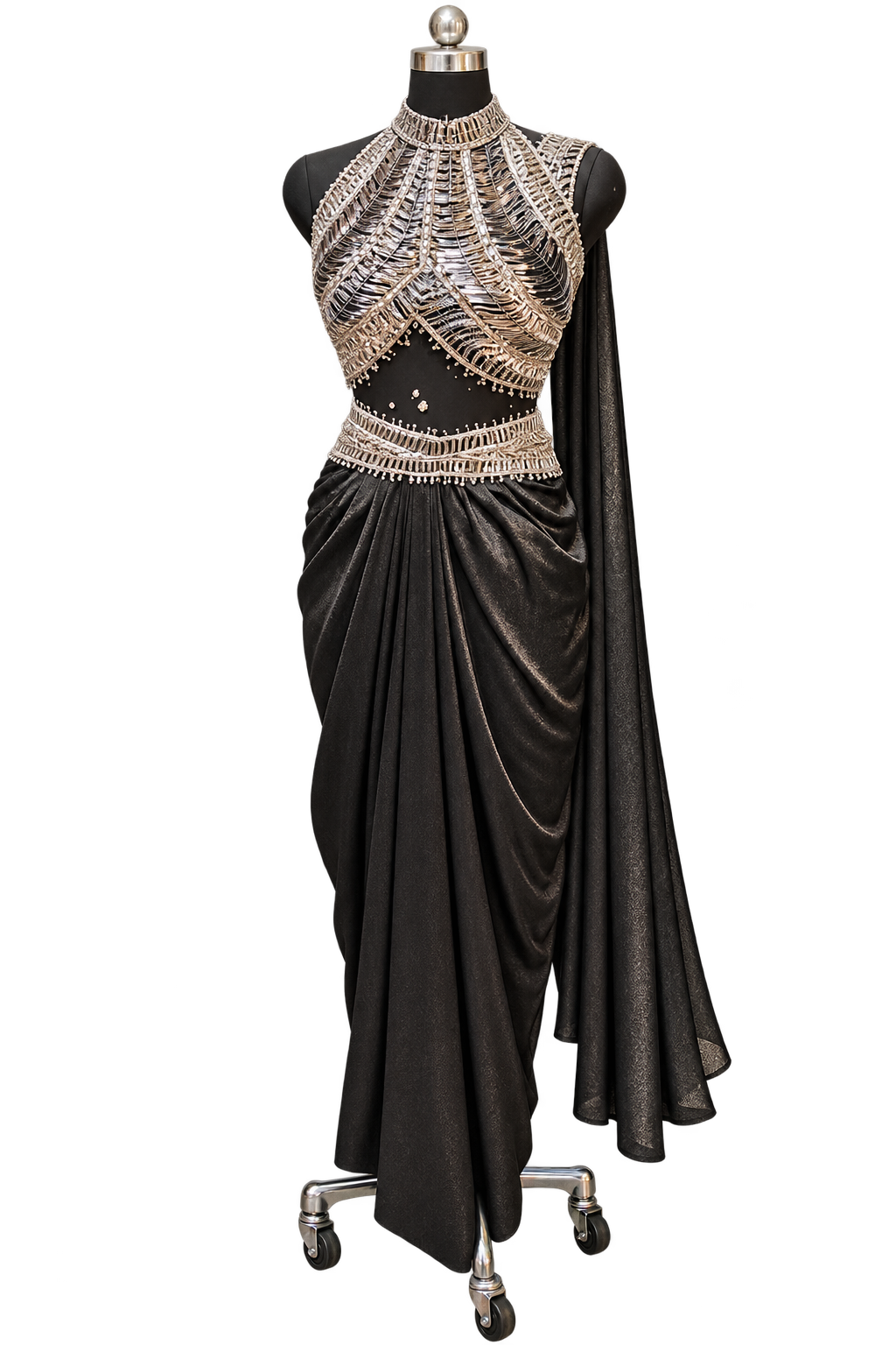 Black Leather Co-Ord Saree Set with Silver Handwork Blouse - DSK Cauter designer wear, image 3
