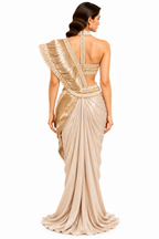 Champagne Leather Co-Ord Saree with Handwork Pallu - DSK Cauter designer wear, image 2