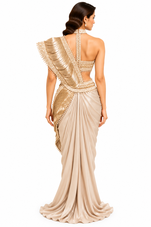 Champagne Leather Co-Ord Saree with Handwork Pallu - DSK Cauter designer wear, image 2