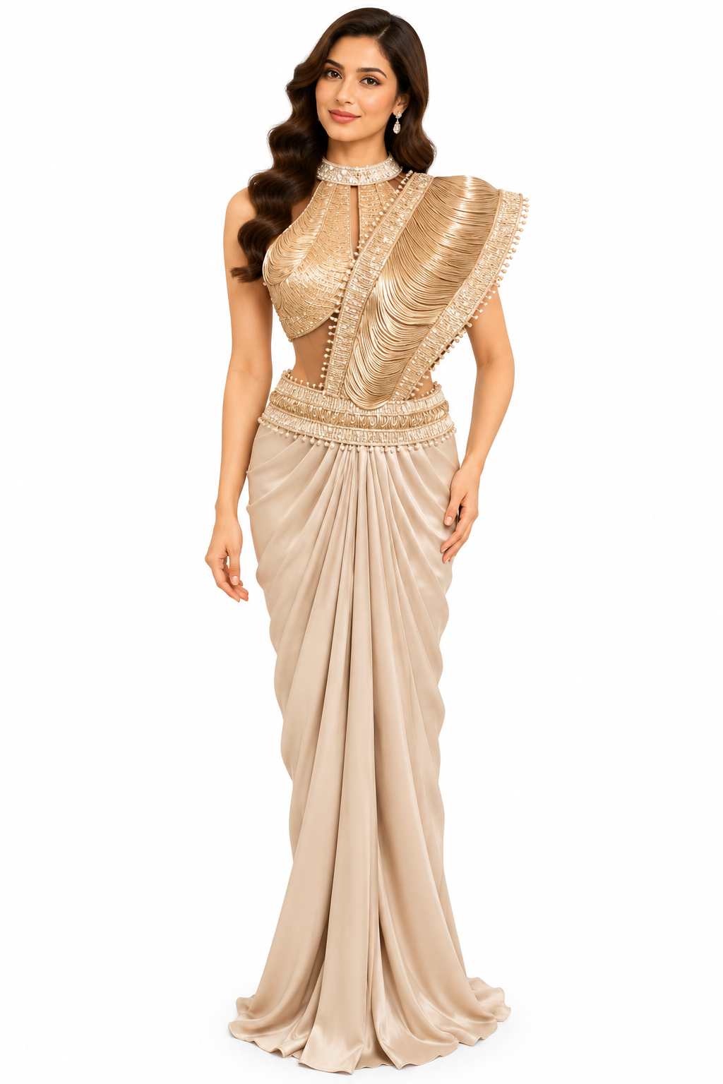Champagne Leather Co-Ord Saree with Handwork Pallu - DSK Cauter designer wear, image 1